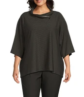 Multiples Plus Size Faux-Zipper Trim Mock Neck 3/4 Dolman Sleeve Hi-Low Hem Sweater Knit Top