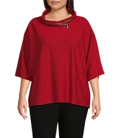 Multiples Plus Size Faux-Zipper Trim Mock Neck 3/4 Dolman Sleeve Hi-Low Hem Sweater Knit Top