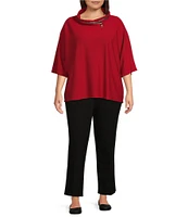 Multiples Plus Size Faux-Zipper Trim Mock Neck 3/4 Dolman Sleeve Hi-Low Hem Sweater Knit Top