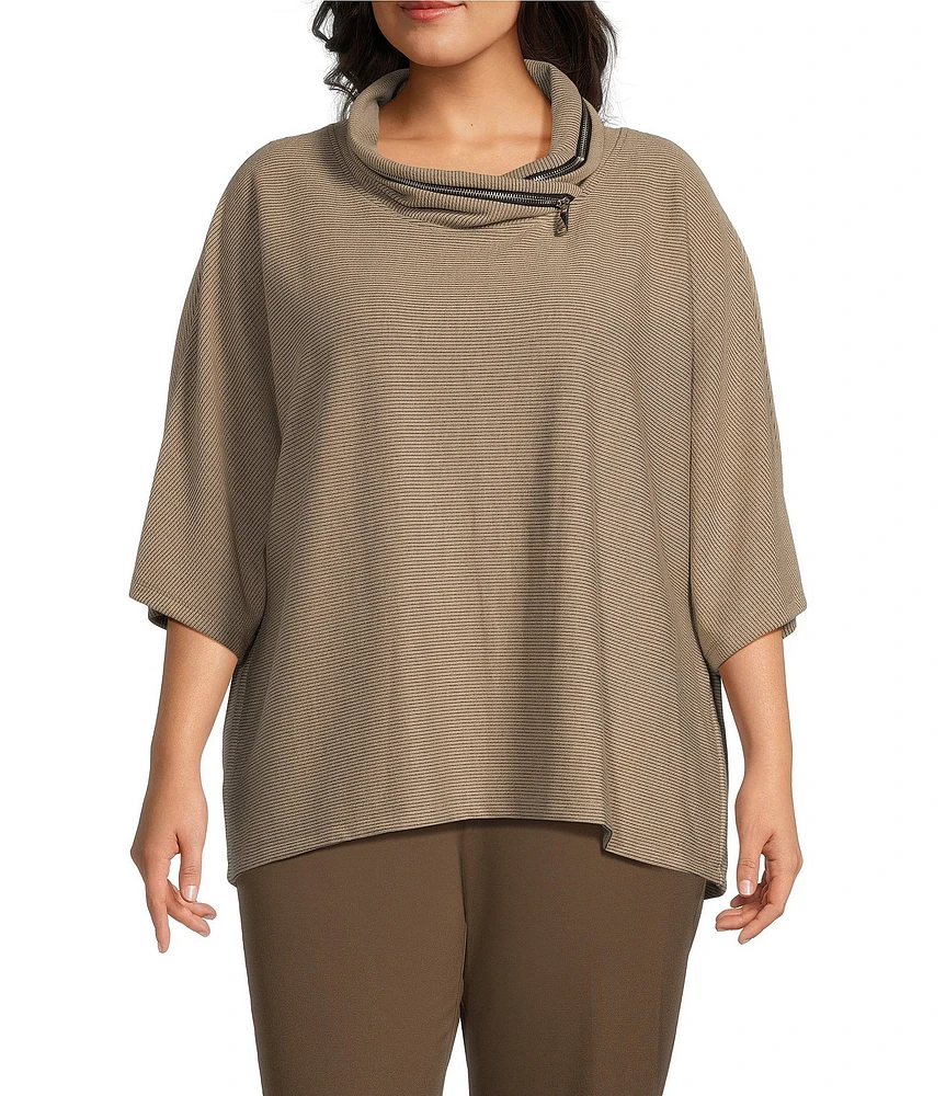 Multiples Plus Size Faux-Zipper Trim Mock Neck 3/4 Dolman Sleeve Hi-Low Hem Sweater Knit Top