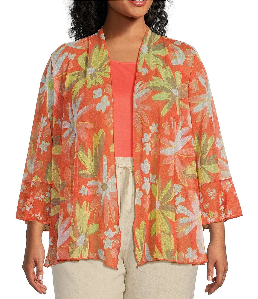 Multiples Plus Size Onionskin Melon Print Shawl Neck 3/4 Flounce Sleeve Open-Front Jacket