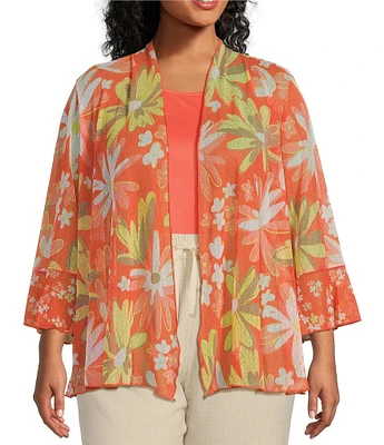 Multiples Plus Size Onionskin Melon Print Shawl Neck 3/4 Flounce Sleeve Open-Front Jacket