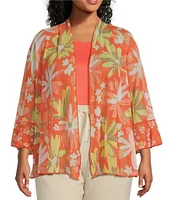 Multiples Plus Size Onionskin Melon Print Shawl Neck 3/4 Flounce Sleeve Open-Front Jacket