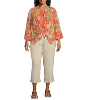 Multiples Plus Size Onionskin Melon Print Shawl Neck 3/4 Flounce Sleeve Open-Front Jacket