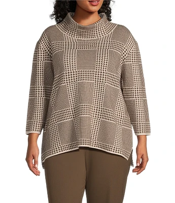 Multiples Plus Size Plaid Cowl Neck Long Sleeve Fitted Sweater Knit Top