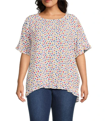 Multiples Plus Size Printed Slub Crinkle Scoop Neck 3/4 Sleeve Hi-Low Hem Ruffle Top