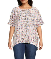 Multiples Plus Size Printed Slub Crinkle Scoop Neck 3/4 Sleeve Hi-Low Hem Ruffle Top