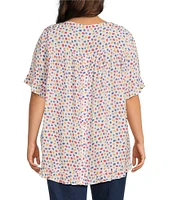 Multiples Plus Size Printed Slub Crinkle Scoop Neck 3/4 Sleeve Hi-Low Hem Ruffle Top
