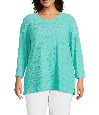 Multiples Plus Size Pucker Double Knit Jacquard Scoop Neck 3/4 Sleeve Fitted Top