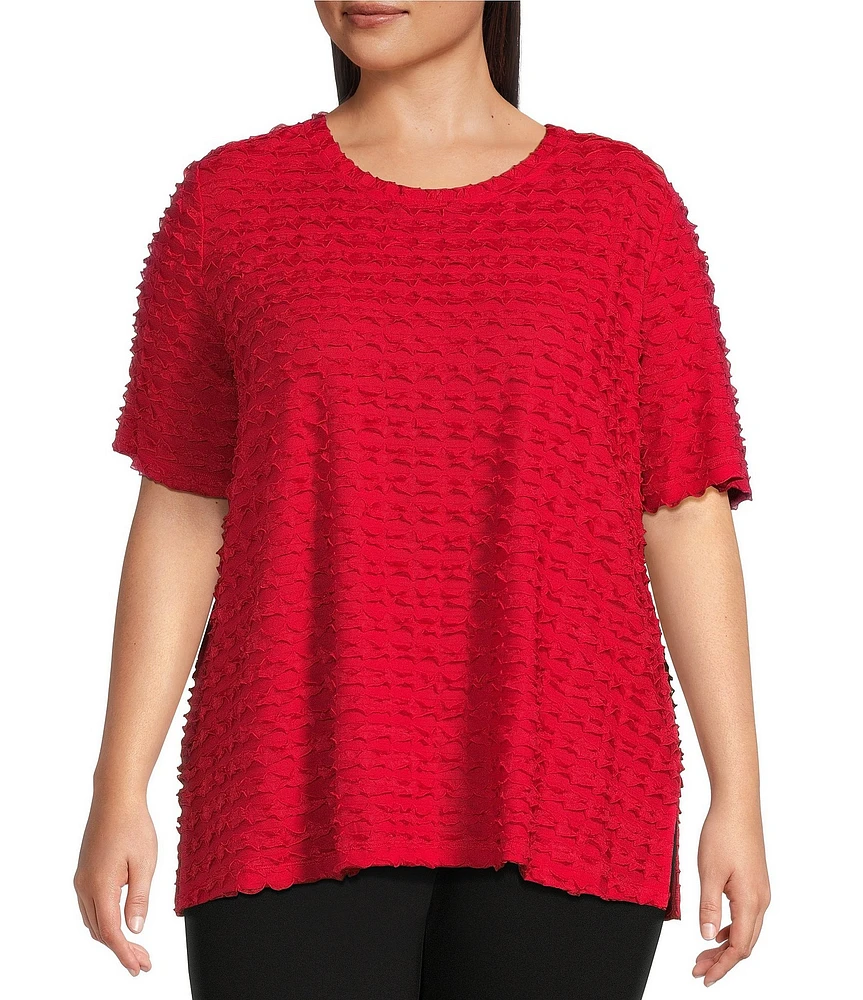 Multiples Plus Size Scoop Neck Elbow Sleeve Wave Knit Fitted Top