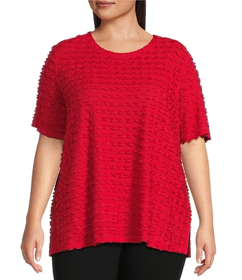 Multiples Plus Size Scoop Neck Elbow Sleeve Wave Knit Fitted Top