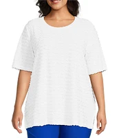 Multiples Plus Size Scoop Neck Elbow Sleeve Wave Knit Fitted Top