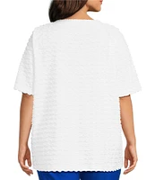 Multiples Plus Size Scoop Neck Elbow Sleeve Wave Knit Fitted Top