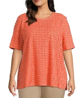Multiples Plus Size Scoop Neck Elbow Sleeve Wave Knit Fitted Top