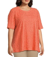 Multiples Plus Size Scoop Neck Elbow Sleeve Wave Knit Fitted Top