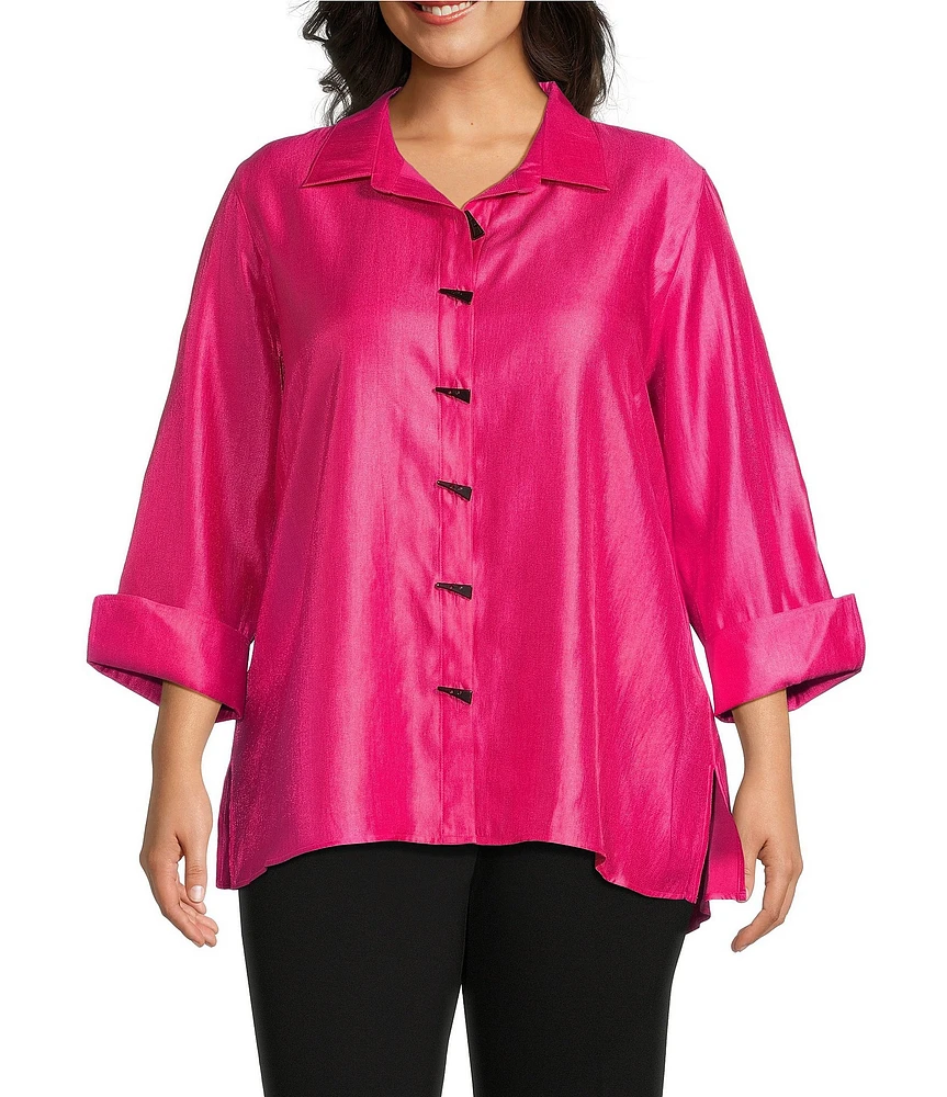 Multiples Plus Size Shimmer Woven Printed Point Collar 3/4 Turn Up Cuff Sleeve Hi-Low Hem Button Front Shirt