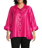 Multiples Plus Size Shimmer Woven Printed Point Collar 3/4 Turn Up Cuff Sleeve Hi-Low Hem Button Front Shirt