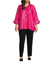 Multiples Plus Size Shimmer Woven Printed Point Collar 3/4 Turn Up Cuff Sleeve Hi-Low Hem Button Front Shirt