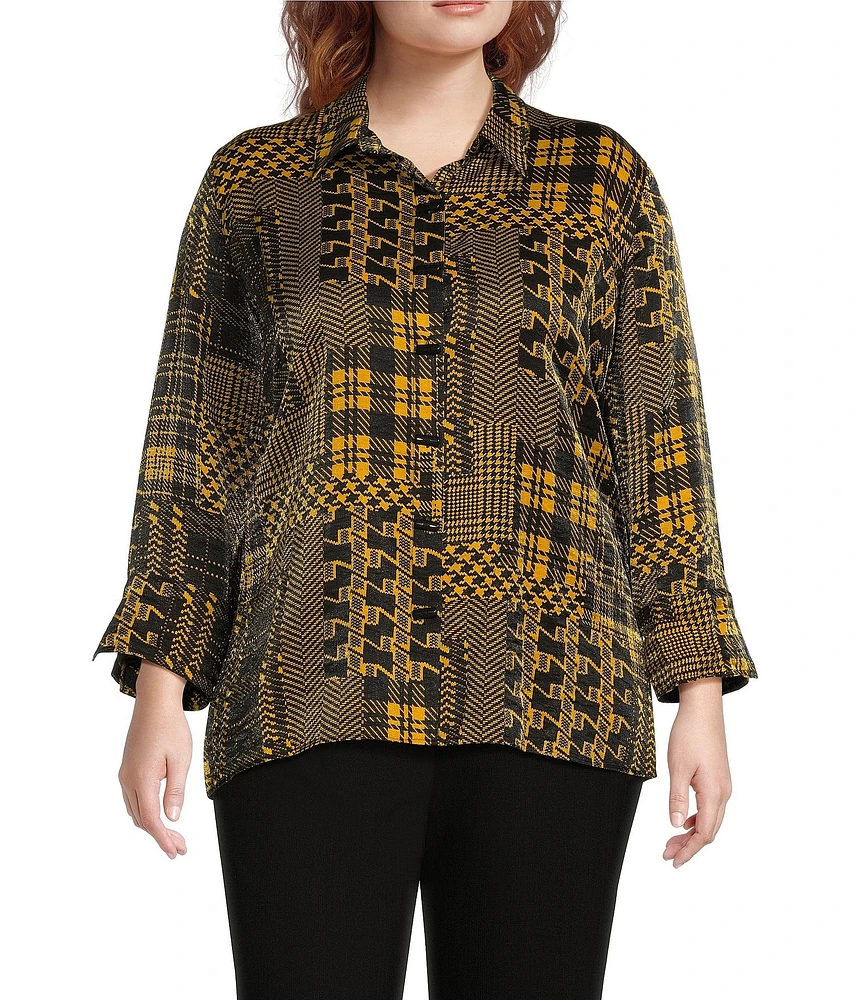 Multiples Plus Size Shimmer Woven Printed Point Collar 3/4 Turn Up Cuff Sleeve Hi-Low Hem Button-Front Shirt