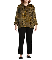 Multiples Plus Size Shimmer Woven Printed Point Collar 3/4 Turn Up Cuff Sleeve Hi-Low Hem Button-Front Shirt