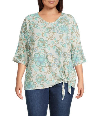 Multiples Plus Size Slub Batik Multi Printed V-Neck 3/4 Dolman Sleeve Top