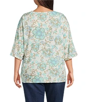 Multiples Plus Size Slub Batik Multi Printed V-Neck 3/4 Dolman Sleeve Top