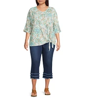Multiples Plus Size Slub Batik Multi Printed V-Neck 3/4 Dolman Sleeve Top