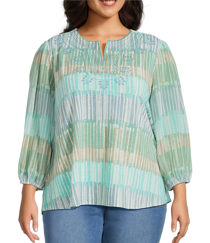 Multiples Plus Size Slub Knit Embroidered Printed Split V-Neck 3/4 Sleeve Top