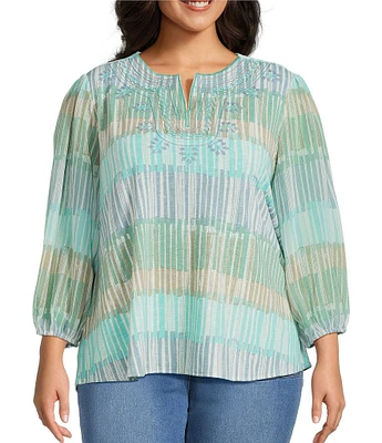 Multiples Plus Size Slub Knit Embroidered Printed Split V-Neck 3/4 Sleeve Top