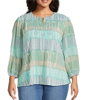 Multiples Plus Size Slub Knit Embroidered Printed Split V-Neck 3/4 Sleeve Top