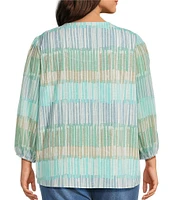 Multiples Plus Size Slub Knit Embroidered Printed Split V-Neck 3/4 Sleeve Top