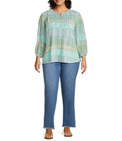 Multiples Plus Size Slub Knit Embroidered Printed Split V-Neck 3/4 Sleeve Top