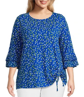 Multiples Plus Size Slub Knit Georgette Dot Print Boat Neck 3/4 Sleeve Fitted Ruched Side Drawstring Top