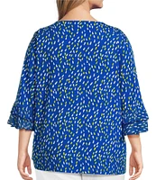 Multiples Plus Size Slub Knit Georgette Dot Print Boat Neck 3/4 Sleeve Fitted Ruched Side Drawstring Top