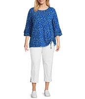 Multiples Plus Size Slub Knit Georgette Dot Print Boat Neck 3/4 Sleeve Fitted Ruched Side Drawstring Top