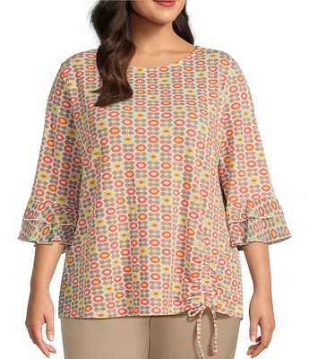 Multiples Plus Size Slub Knit Georgette Floral Multi Print Boat Neck 3/4 Sleeve Fitted Ruched Side Drawstring Top