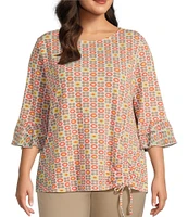 Multiples Plus Size Slub Knit Georgette Floral Multi Print Boat Neck 3/4 Sleeve Fitted Ruched Side Drawstring Top