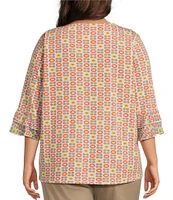 Multiples Plus Size Slub Knit Georgette Floral Multi Print Boat Neck 3/4 Sleeve Fitted Ruched Side Drawstring Top