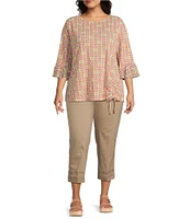 Multiples Plus Size Slub Knit Georgette Floral Multi Print Boat Neck 3/4 Sleeve Fitted Ruched Side Drawstring Top