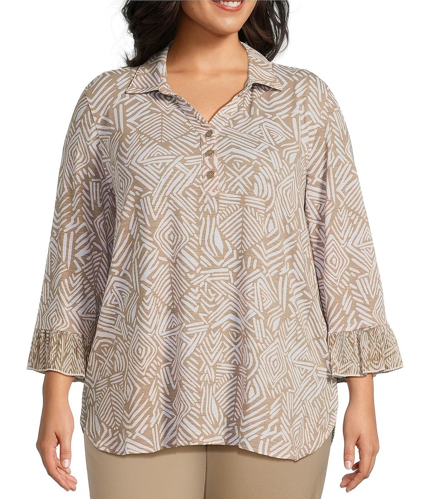 Multiples Plus Size Slub Knit Georgette Printed Collared V-Neck 3/4 Sleeve Top