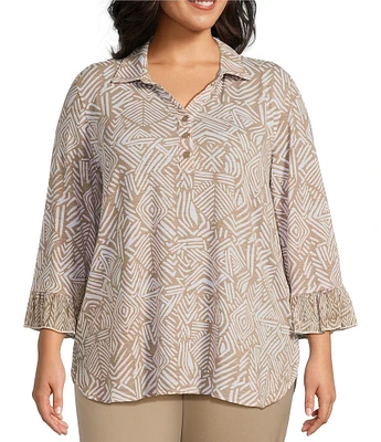 Multiples Plus Size Slub Knit Georgette Printed Collared V-Neck 3/4 Sleeve Top