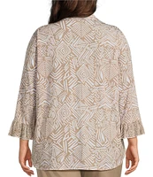 Multiples Plus Size Slub Knit Georgette Printed Collared V-Neck 3/4 Sleeve Top