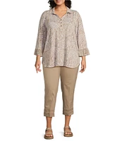 Multiples Plus Size Slub Knit Georgette Printed Collared V-Neck 3/4 Sleeve Top