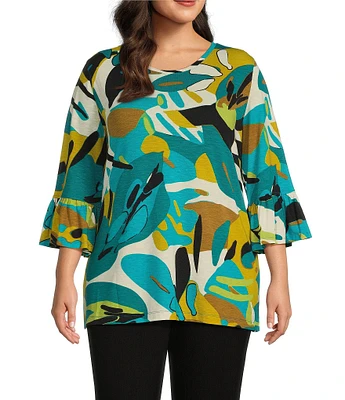 Multiples Plus Size Slub Knit Leaf Multi Print Scoop Neck 3/4 Ruffle Sleeve Top