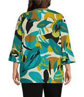 Multiples Plus Size Slub Knit Leaf Multi Print Scoop Neck 3/4 Ruffle Sleeve Top