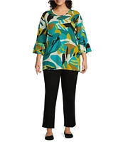 Multiples Plus Size Slub Knit Leaf Multi Print Scoop Neck 3/4 Ruffle Sleeve Top