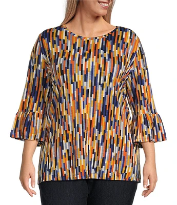 Multiples Plus Size Slub Knit Abstract Line Multi Print Scoop Neck 3/4 Ruffle Sleeve Top