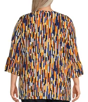 Multiples Plus Size Slub Knit Abstract Line Multi Print Scoop Neck 3/4 Ruffle Sleeve Top