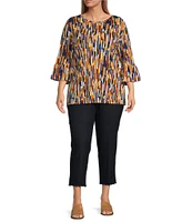 Multiples Plus Size Slub Knit Abstract Line Multi Print Scoop Neck 3/4 Ruffle Sleeve Top