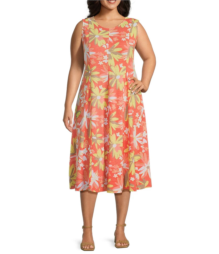 Multiples Plus Size Slub Knit Melon Print Scoop Neck Sleeveless Fit & Flare Midi Dress